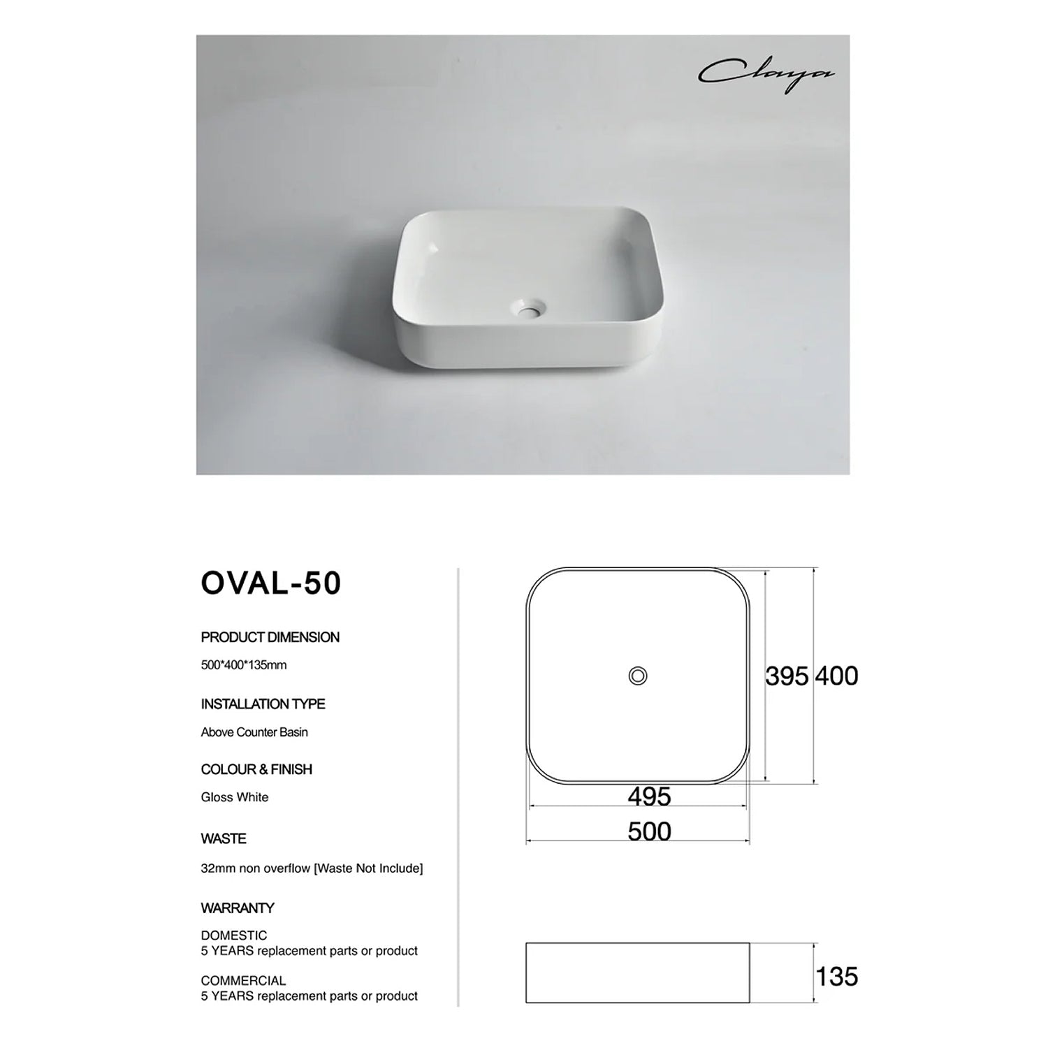 CLAYA Oval-50 Oval Ceramic Above Counter Basin – 500mm Gloss White
