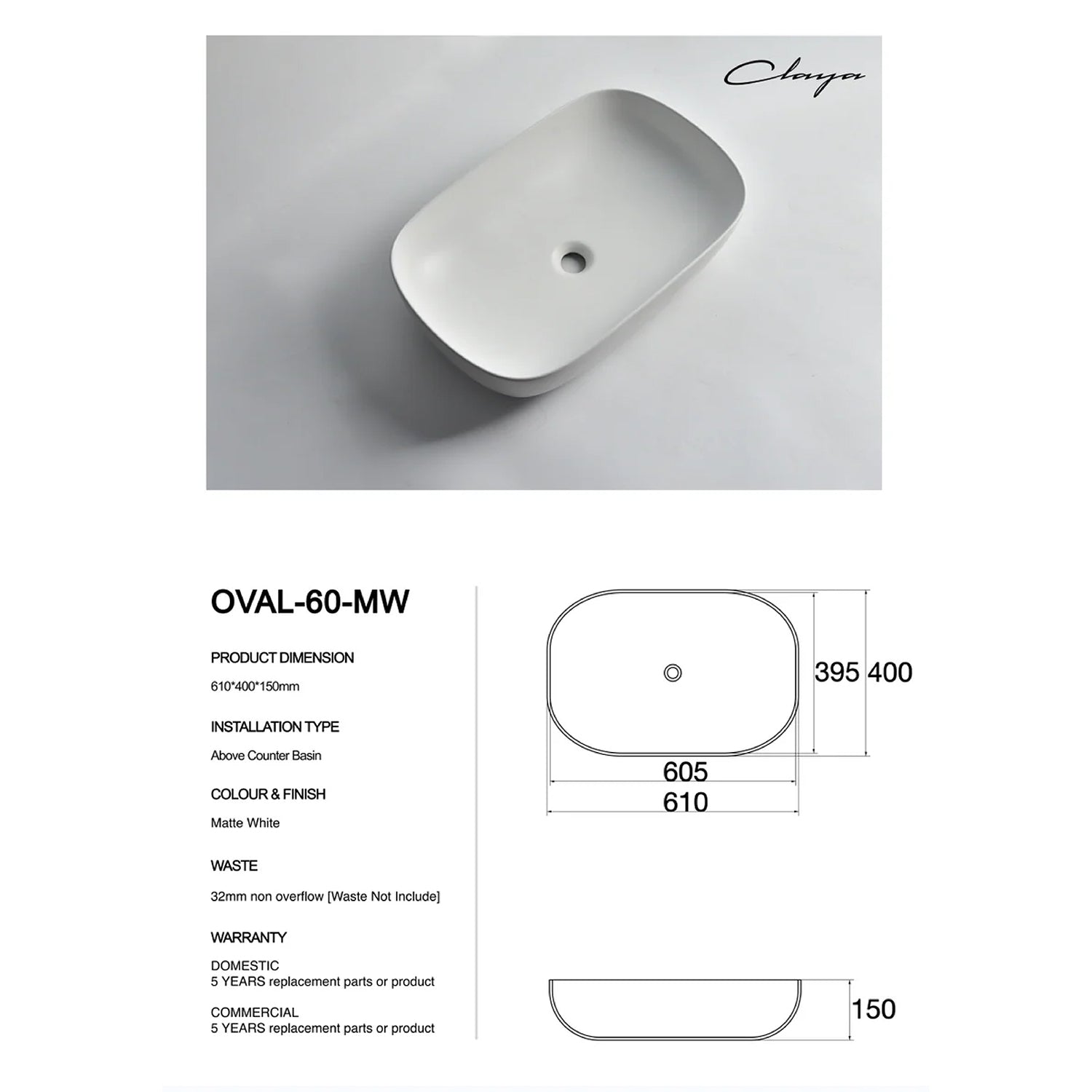 CLAYA Oval-60 Oval Ceramic Above Counter Basin – 610mm Matte White