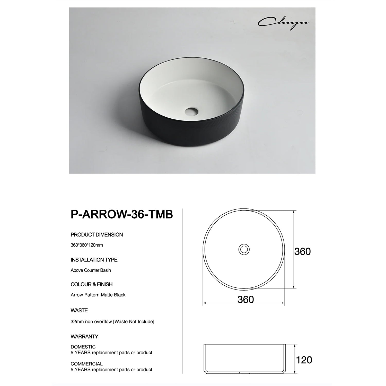 CLAYA P-Arrow-36 Round Ceramic Above Counter Basin - Textured Matte Black