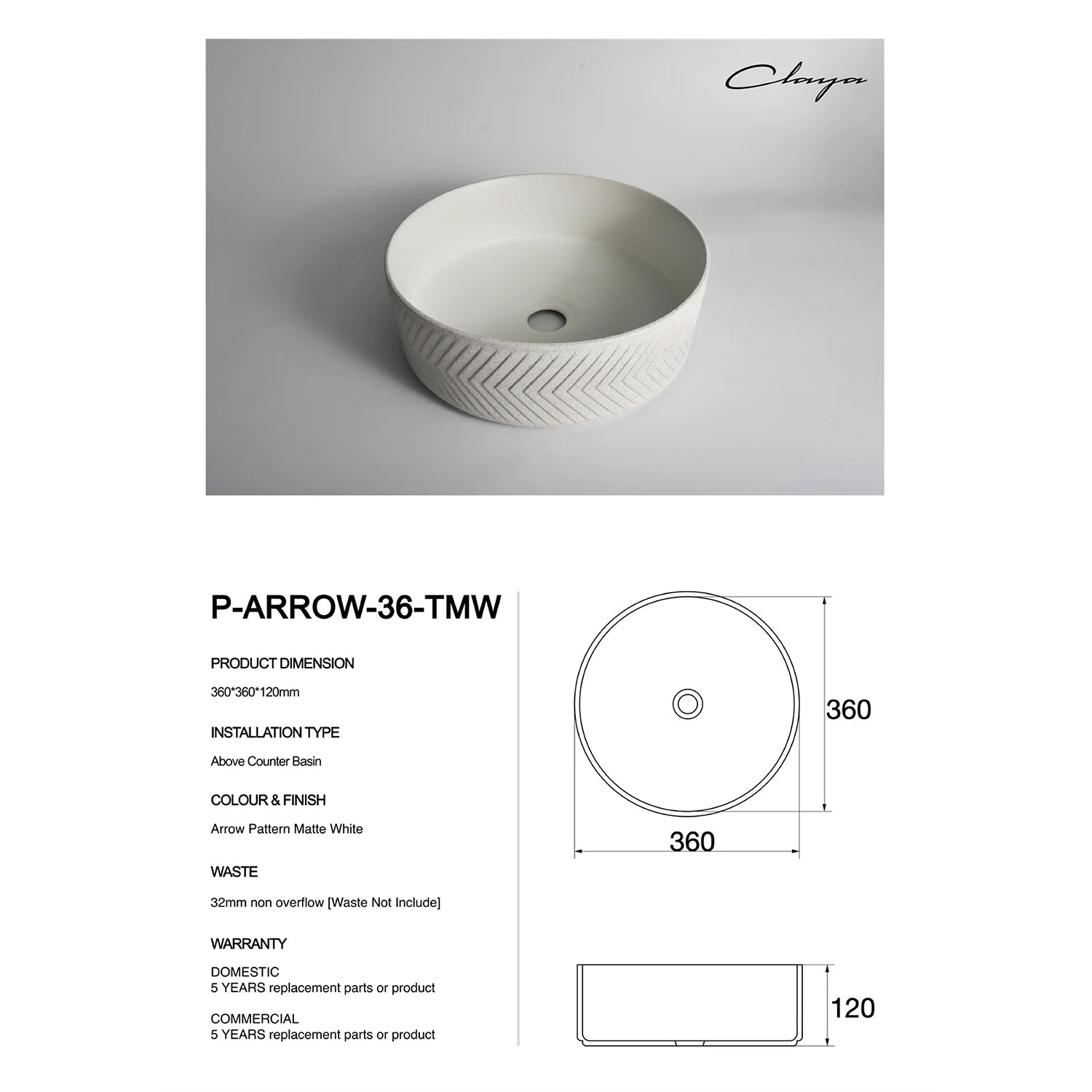 CLAYA P-Arrow-36 Round Ceramic Above Counter Basin - Textured Matte White