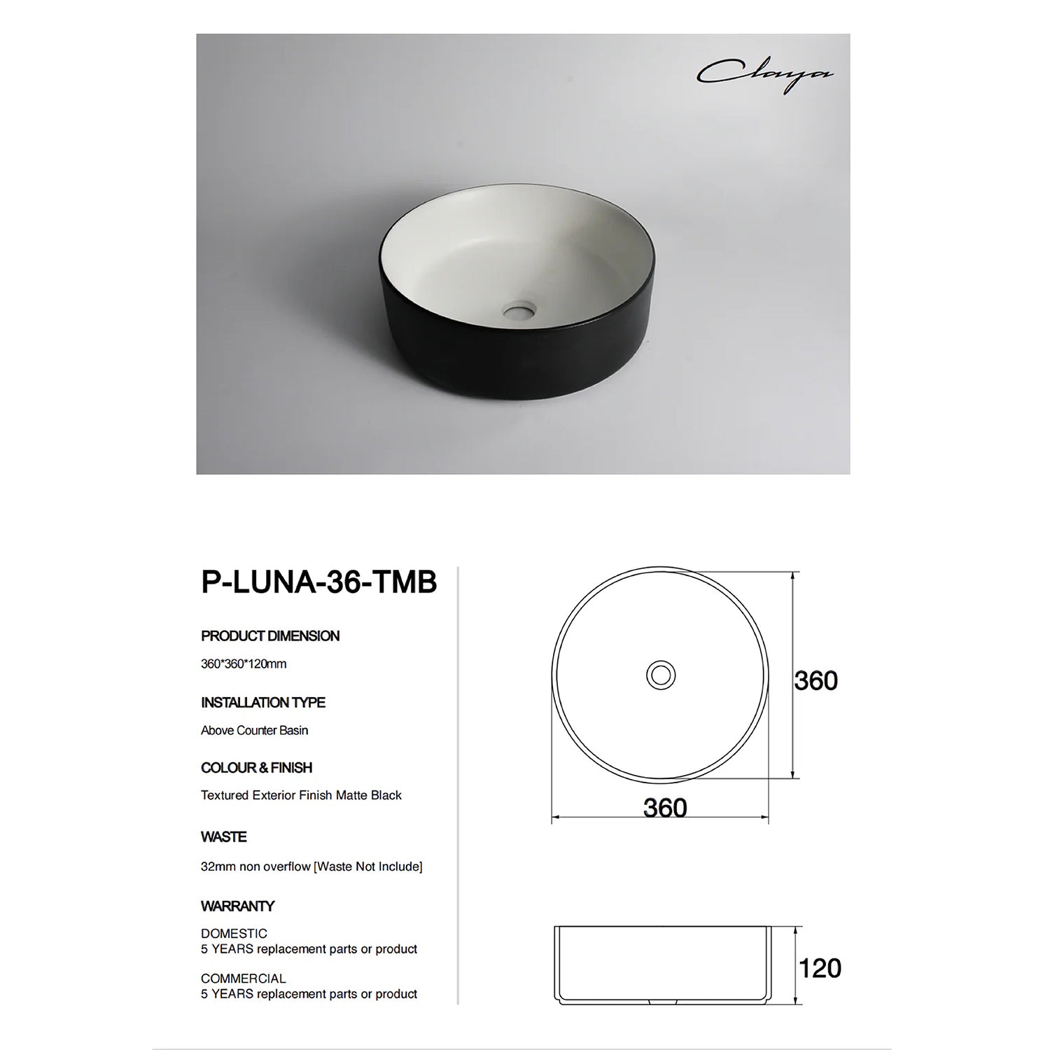 CLAYA Luna-36 Above Counter Round Basin – Textured Matte Black
