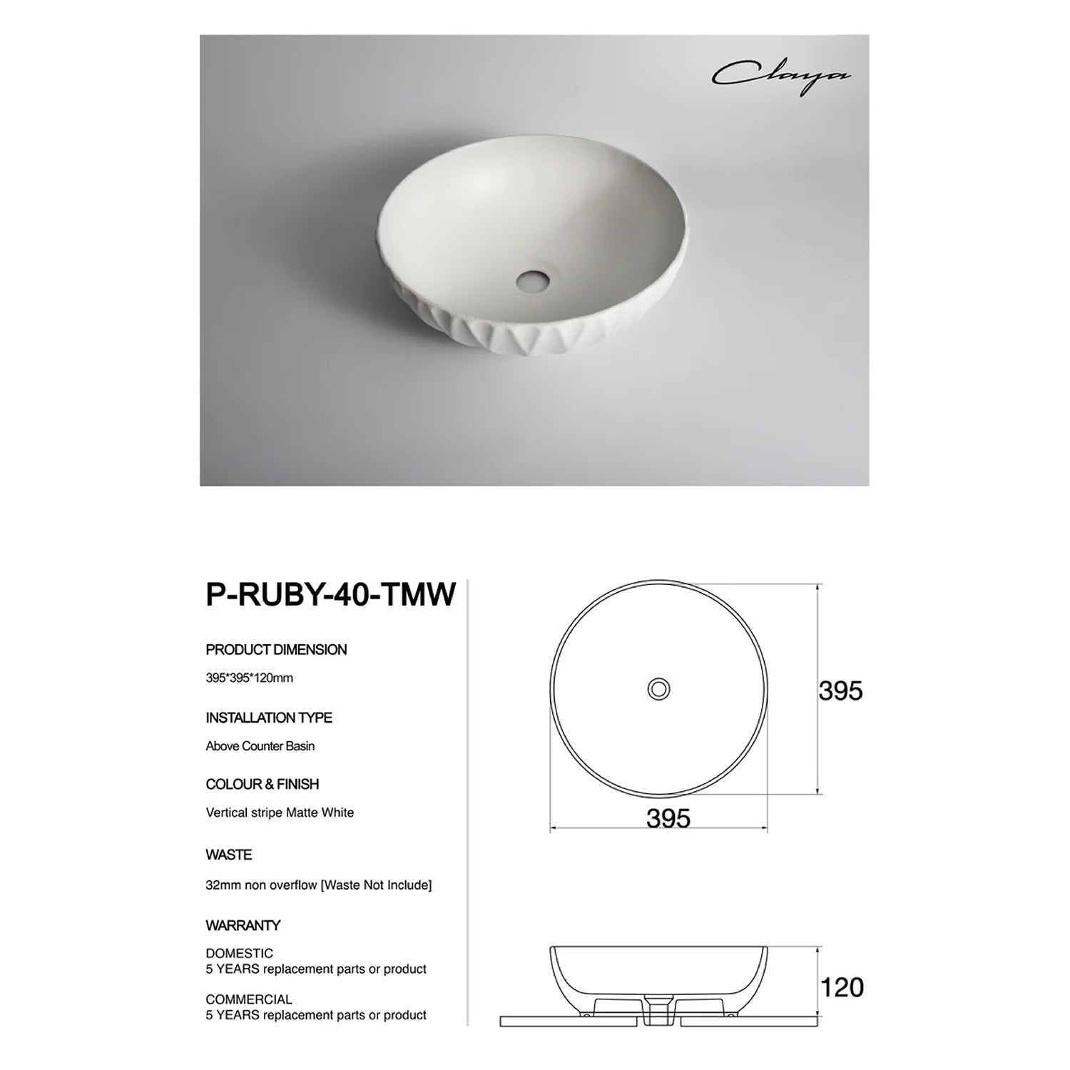CLAYA Polar-40 Ruby Ceramic Above Counter Basin – Texture White