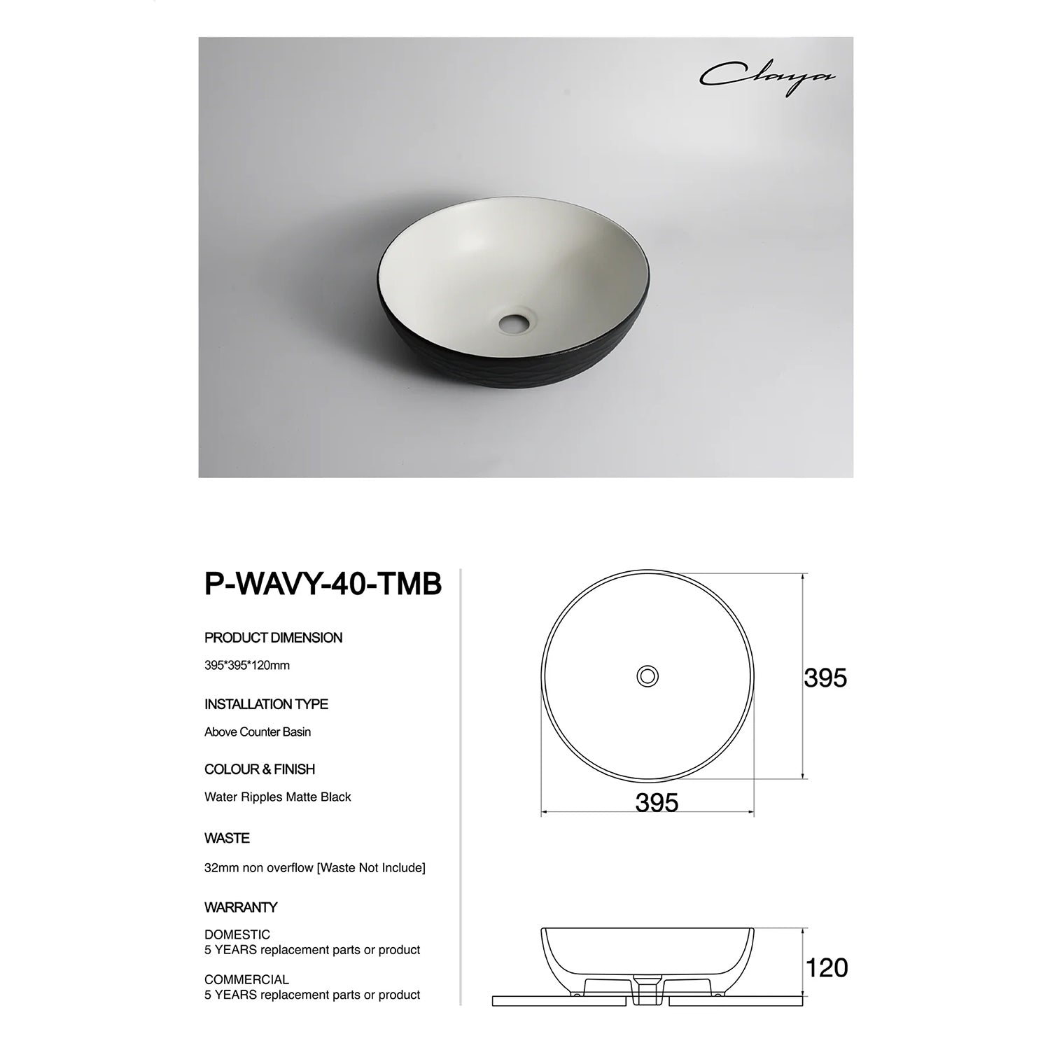 CLAYA Polar-Wavy-40 Round Ceramic Above Counter Basin - Textured Matte Black
