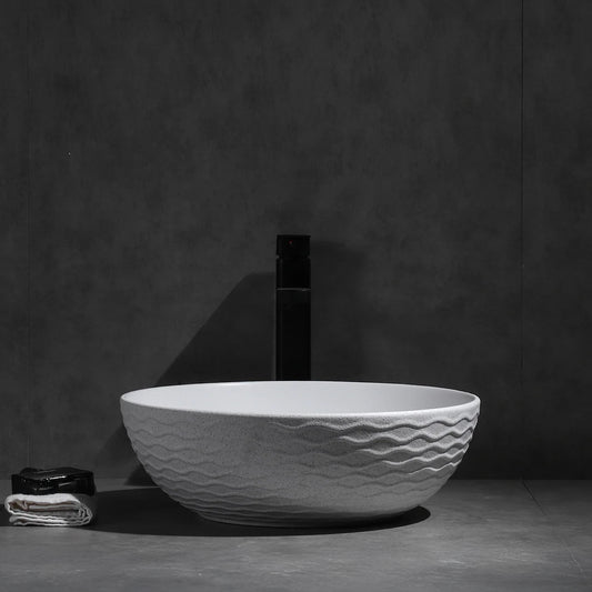 CLAYA Polar-Wavy-40 Round Ceramic Above Counter Basin - Textured Matte White