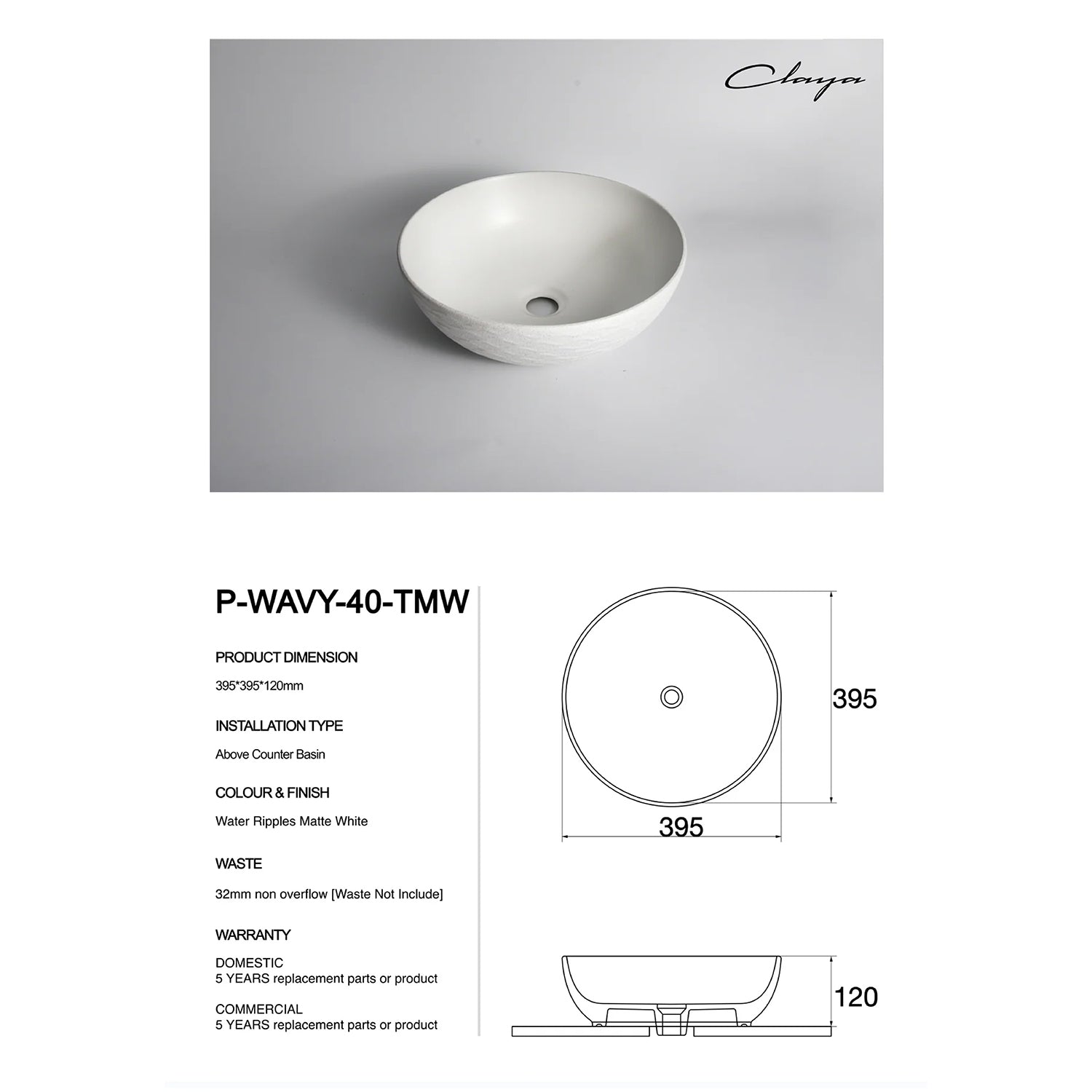 CLAYA Polar-Wavy-40 Round Ceramic Above Counter Basin - Textured Matte White