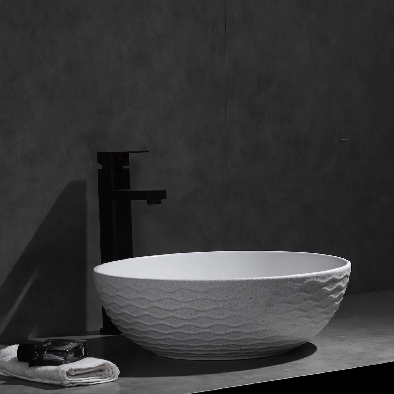 CLAYA Polar-Wavy-40 Round Ceramic Above Counter Basin - Textured Matte White