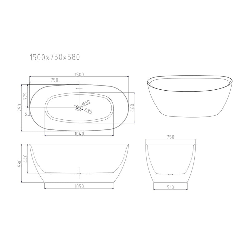 1500mm PILATO Series Slim Edge Freestanding Acrylic Bathtub dimensions diagram