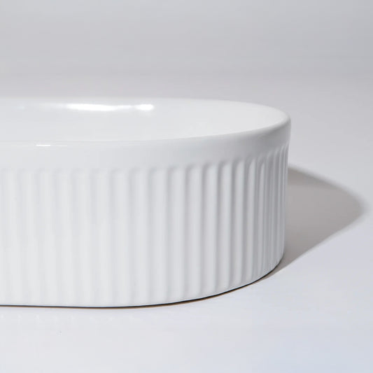 CLAYA Pill-49 Fluted Ceramic 490mm Above Counter Basin – Gloss White