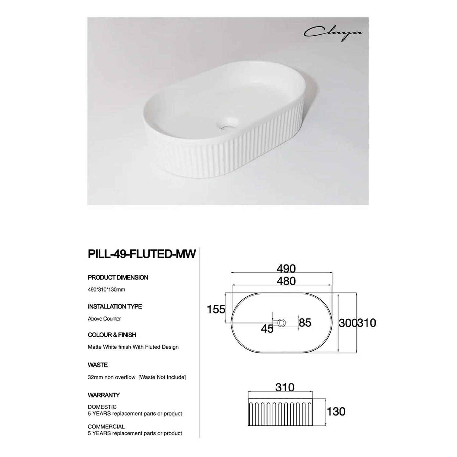 CLAYA Pill-49 Fluted Ceramic 490mm Above Counter Basin – Matte White