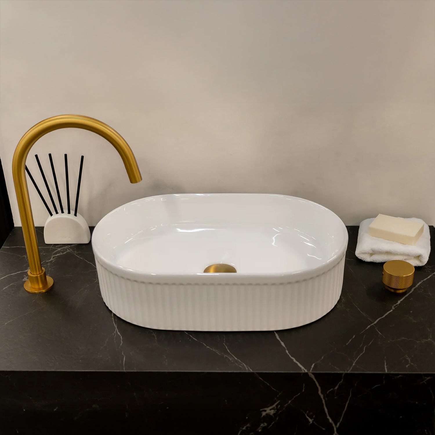 CLAYA Pill-49 Fluted Ceramic 490mm Above Counter Basin – Gloss White