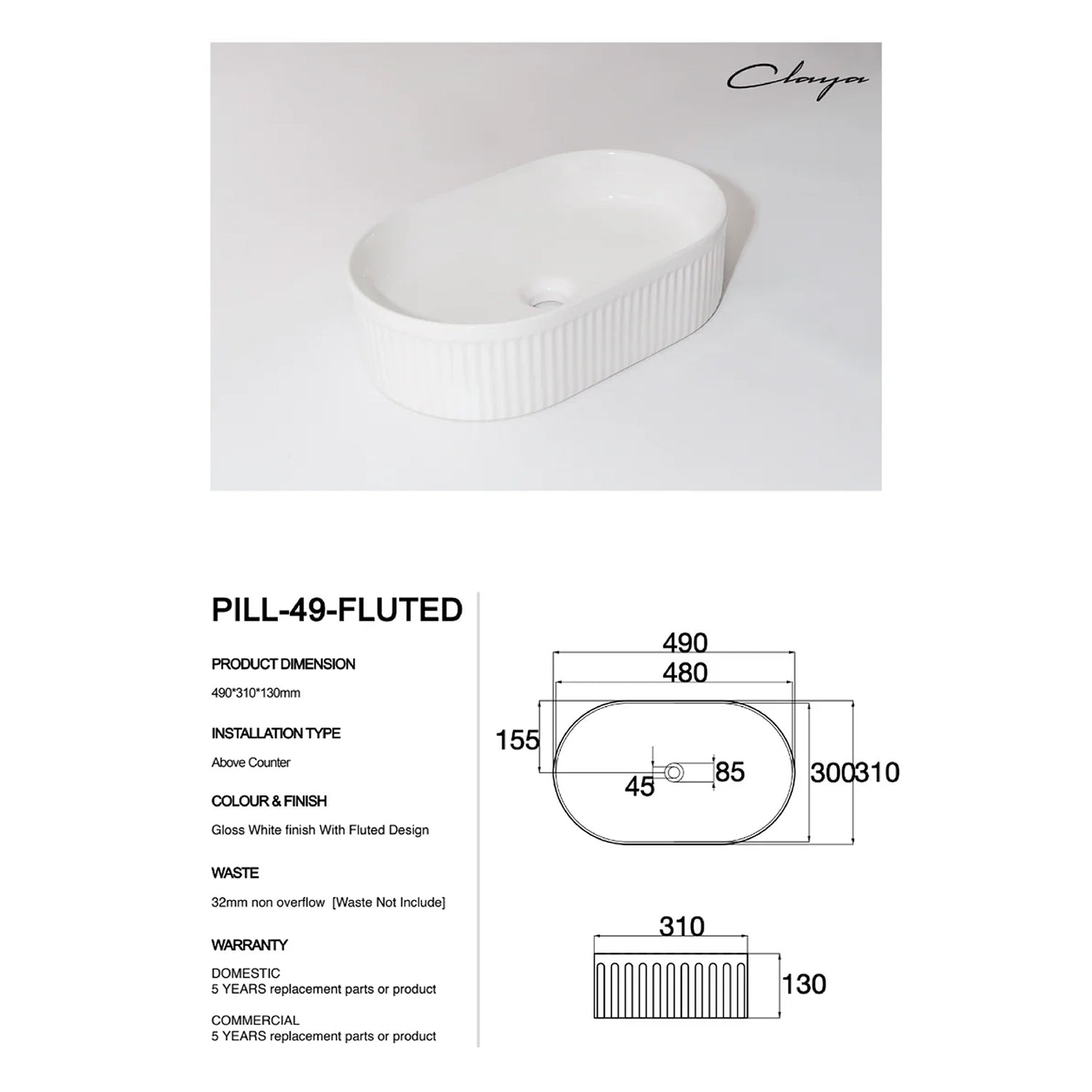 CLAYA Pill-49 Fluted Ceramic 490mm Above Counter Basin – Gloss White