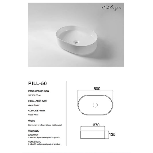 CLAYA Pill-50 Ceramic 500mm Above Counter Basin – Gloss White