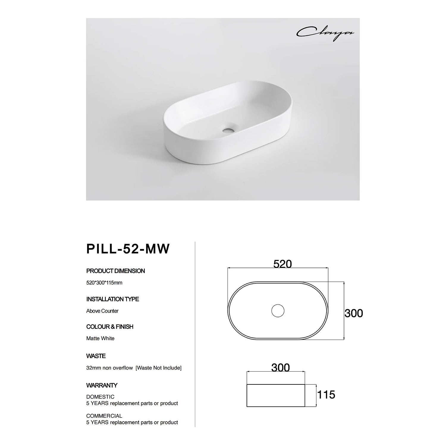 CLAYA Pill-52 Ceramic 525mm Above Counter Basin – Matte White
