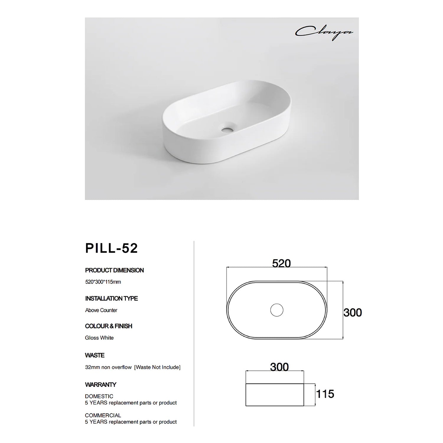 CLAYA Pill-52 Ceramic 525mm Above Counter Basin – Gloss White
