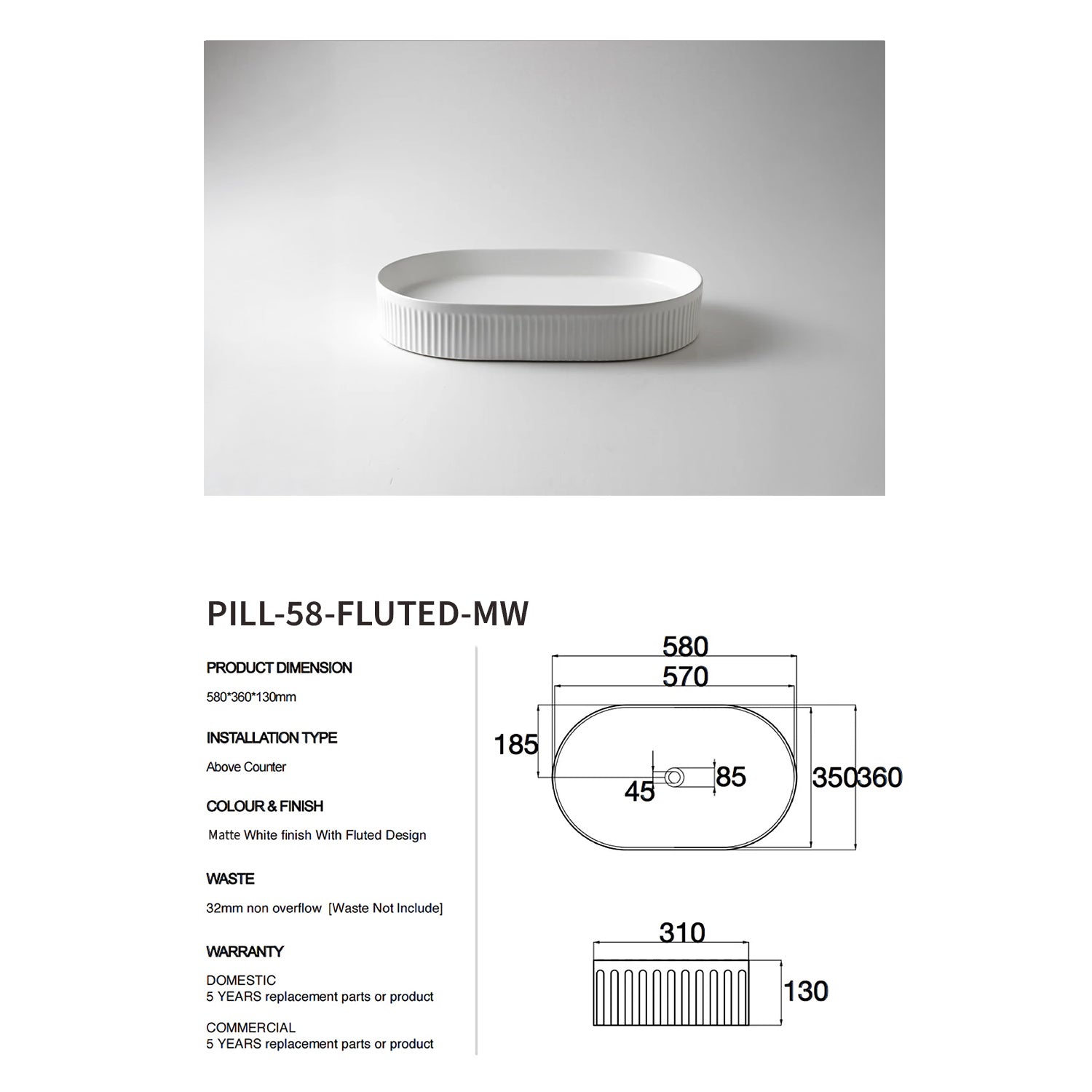 CLAYA Pill-58 Fluted Ceramic 580mm Above Counter Basin – Matte White