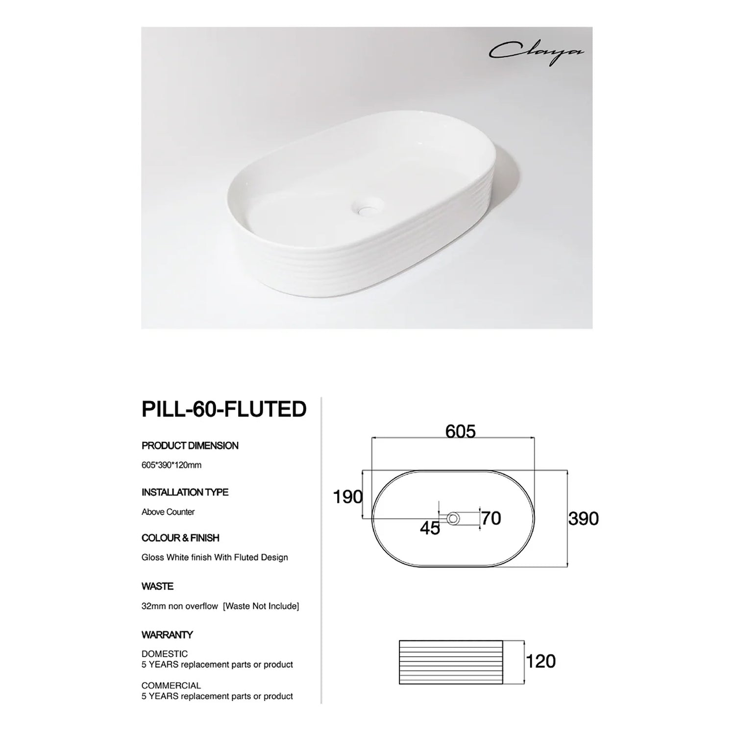 CLAYA Pill-60 Fluted Ceramic 605mm Above Counter Basin – Gloss White