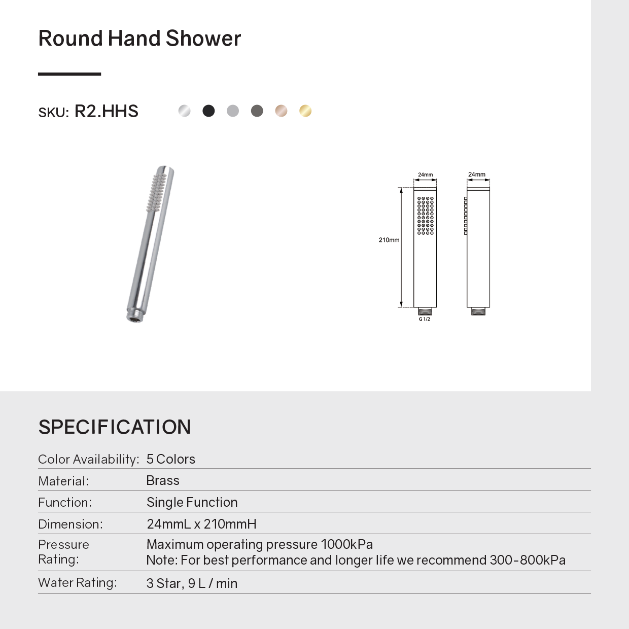 Fixed Round Shower Rail with Handheld Shower Head - Stainless Steel & Solid Brass - Chrome Silver