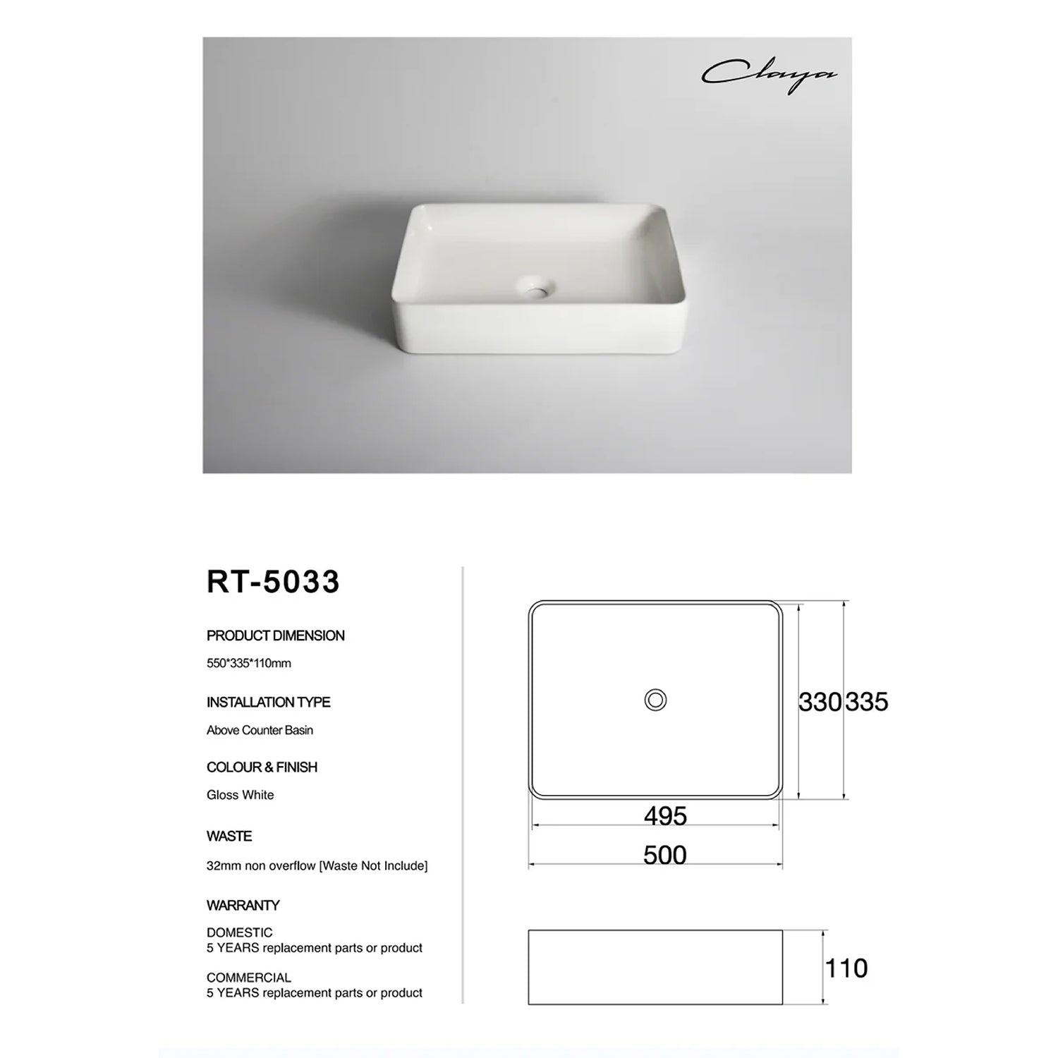 CLAYA RT-5033 Rectangle Ceramic Above Counter Basin – Gloss White