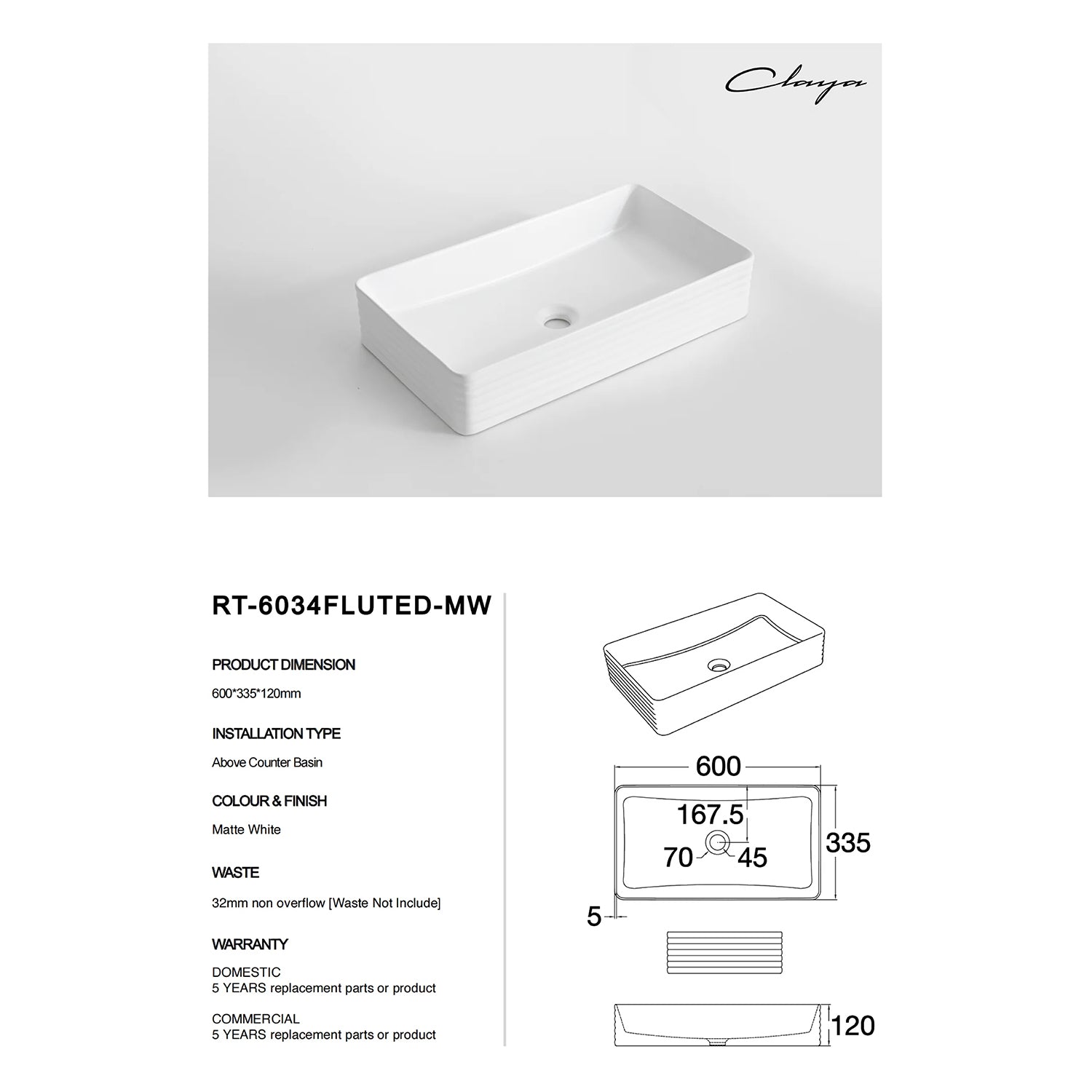 CLAYA RT-6034 Fluted Rectangle Ceramic Above Counter Basin – Matte White
