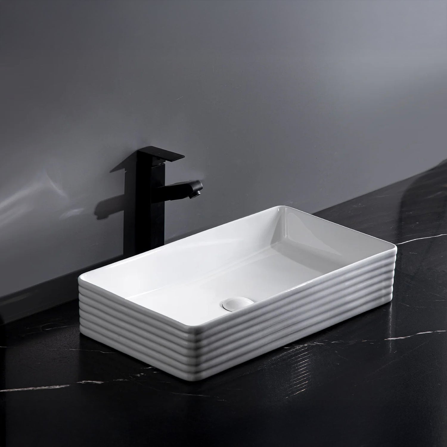 CLAYA RT-6034 Fluted Rectangle Ceramic Above Counter Basin – Gloss White