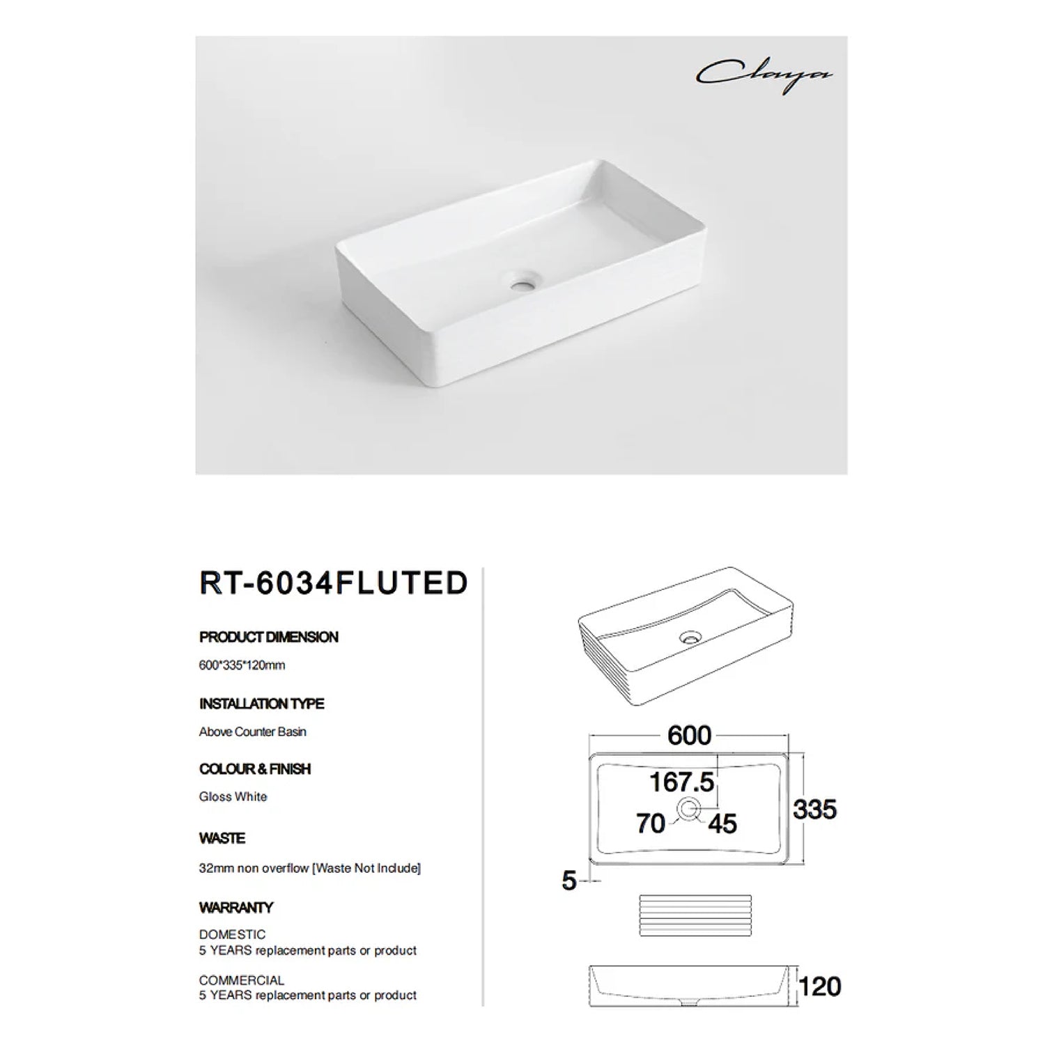 CLAYA RT-6034 Fluted Rectangle Ceramic Above Counter Basin – Gloss White