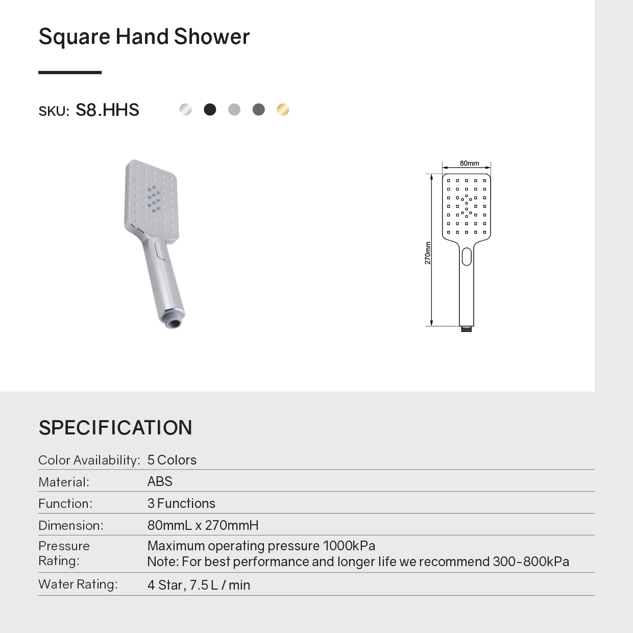 ABS 3 Functions Handheld Shower Head Square - Chrome Silver