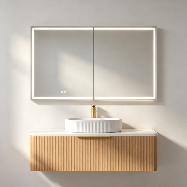 1200 x 720mm double-door LED bathroom mirror cabinet with illuminated border