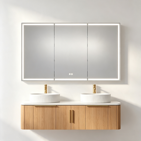 1500 x 720mm three-door LED bathroom mirror cabinet with illuminated border