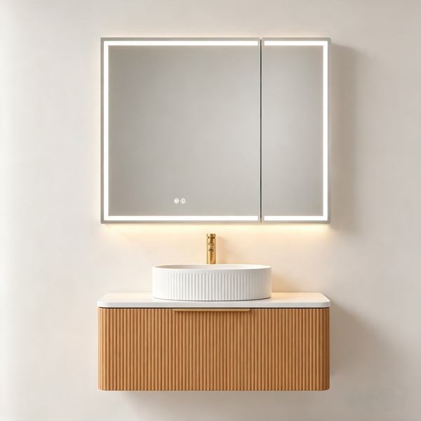 900 x 720mm double-door LED bathroom mirror cabinet with illuminated border