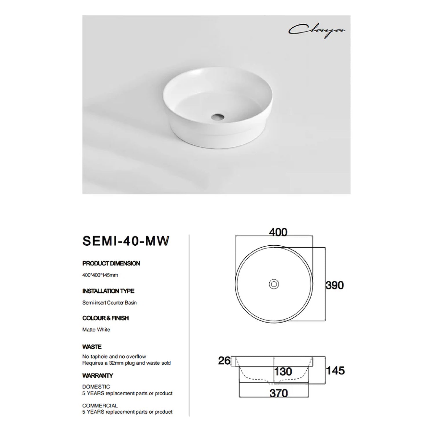 CLAYA SEMI-40 Ceramic Semi-Inset Round Basin – Matte White