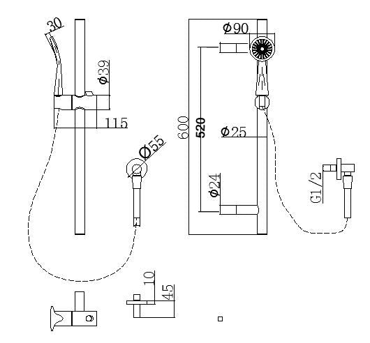 Stainless Steel & Solid Brass Shower Rail with Handheld Shower - Brushed Brass Gold