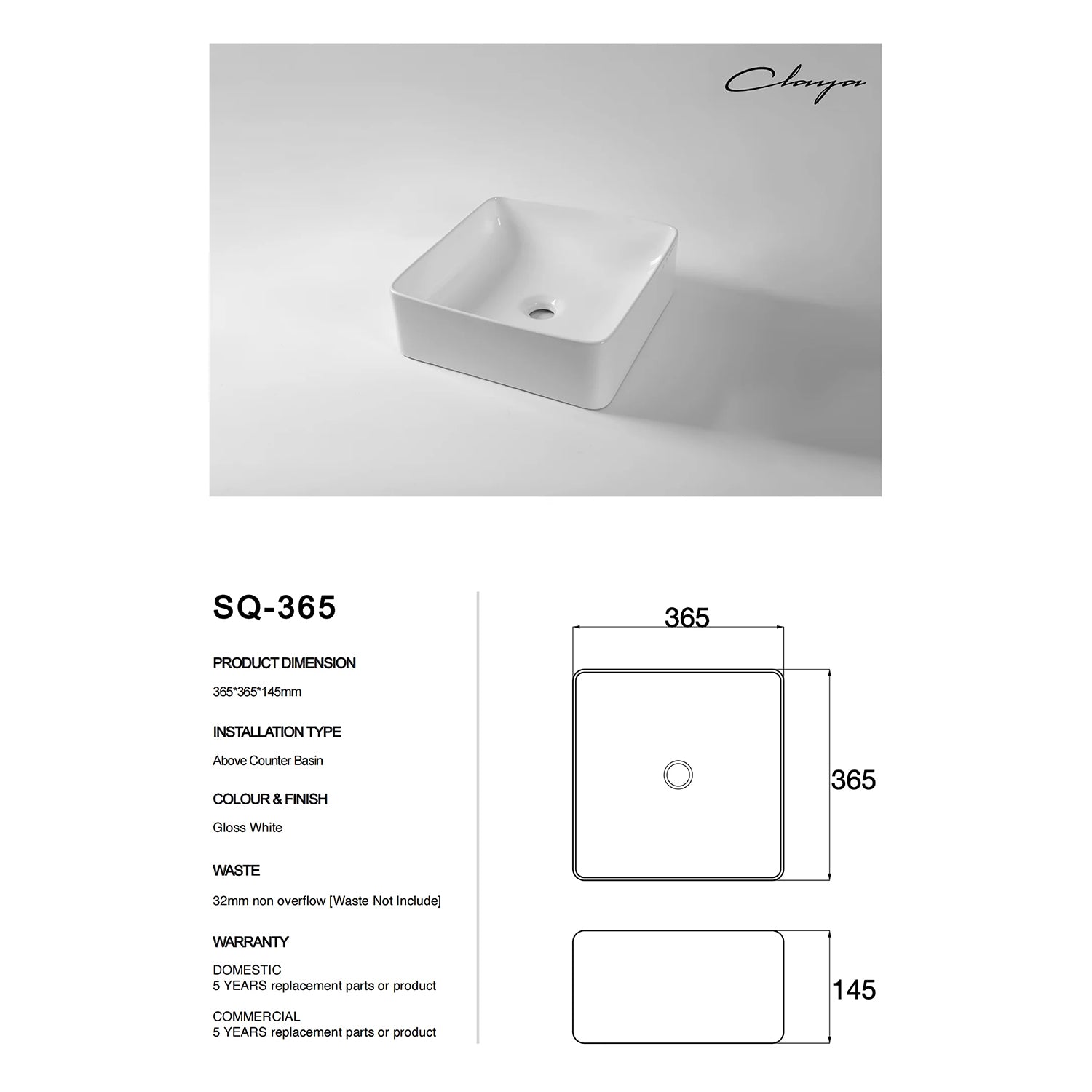 CLAYA SQ-365 365mm Ceramic Above Counter Basin – Gloss White