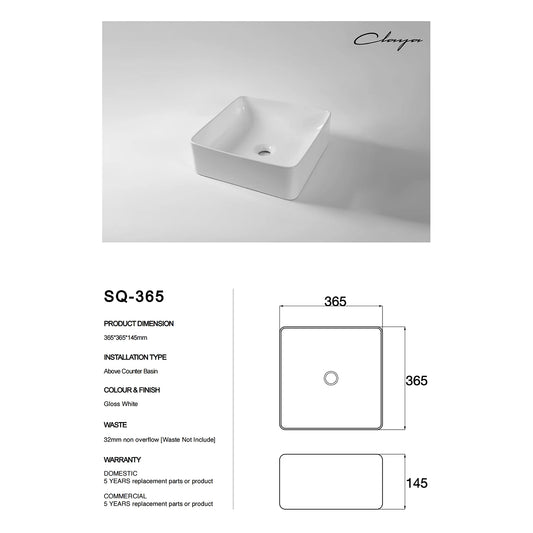 CLAYA SQ-365 365mm Ceramic Above Counter Basin – Gloss White
