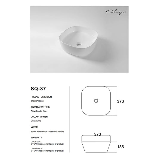 CLAYA SQ-37 370mm Square w Round Corner Ceramic Above Counter Basin – Gloss White