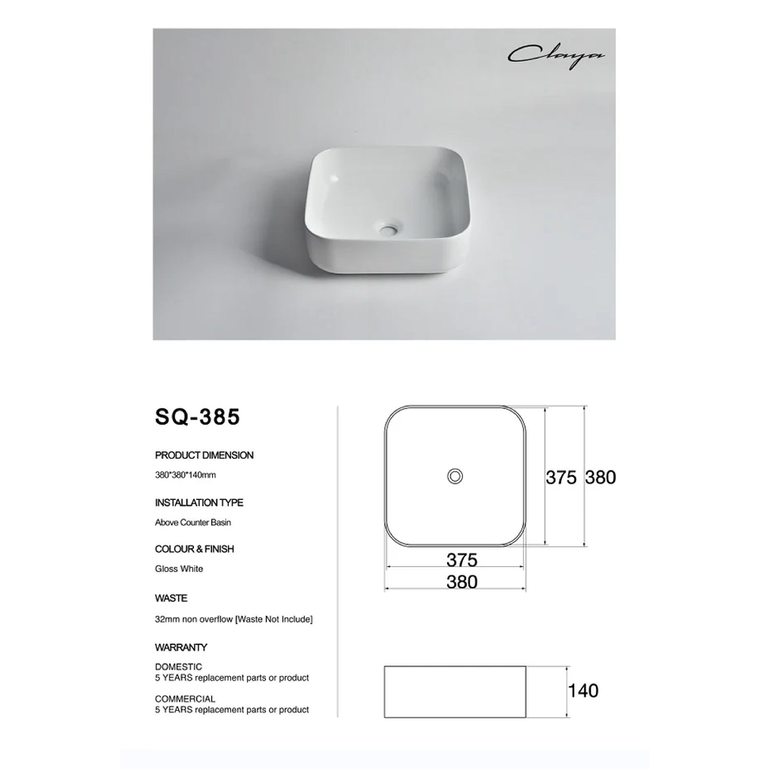 CLAYA SQ-385 380mm Square Ceramic Above Counter Basin – Gloss White