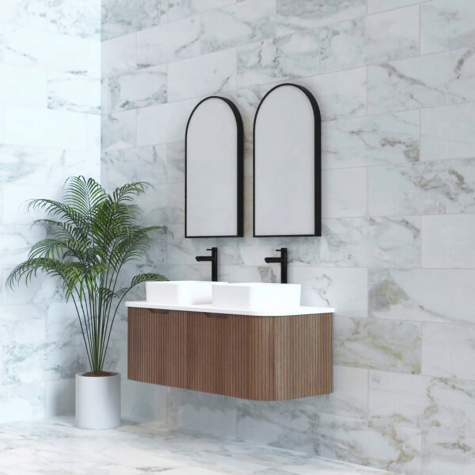 Bergen 1200mm Wall Hung Fluted Vanity Cabinet - Double Bowl - Solid Timber