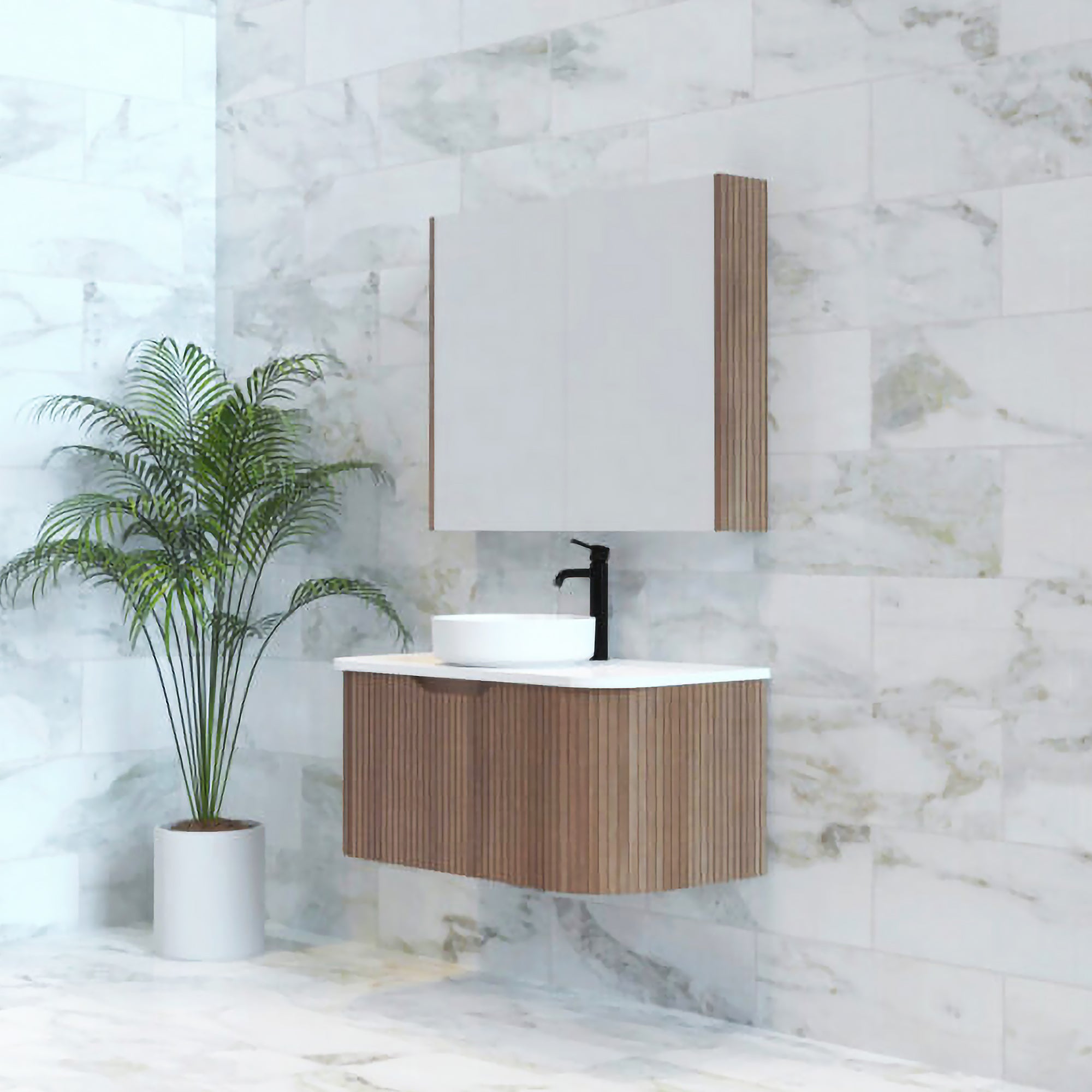 Bergen 900mm Wall Hung Fluted Vanity Cabinet - Solid Timber