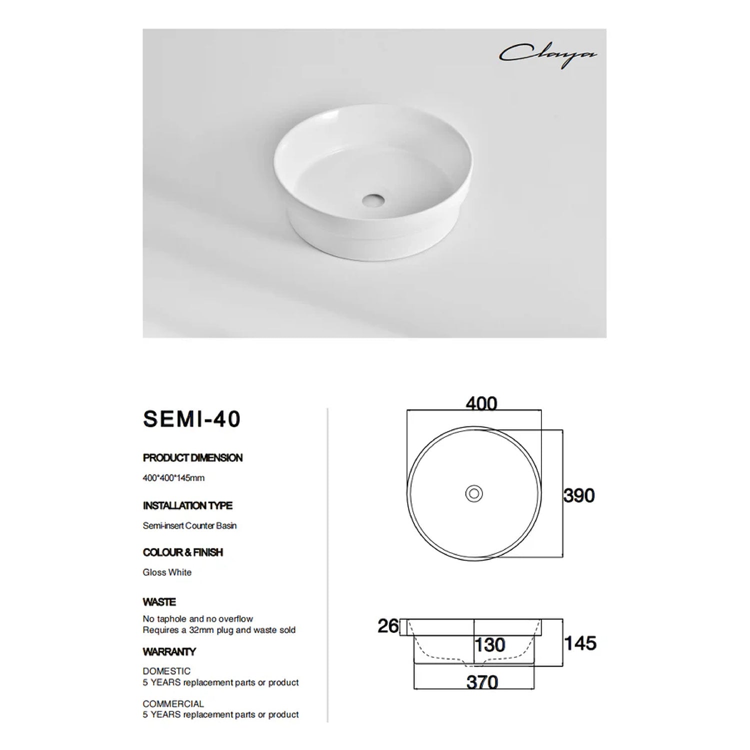 CLAYA SEMI-40 Ceramic Semi-Inset Round Basin – Gloss White