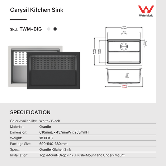 Carysil Granite Single Bowl Kitchen Sink with Grid & Colander Harmony Big Bowl - Black