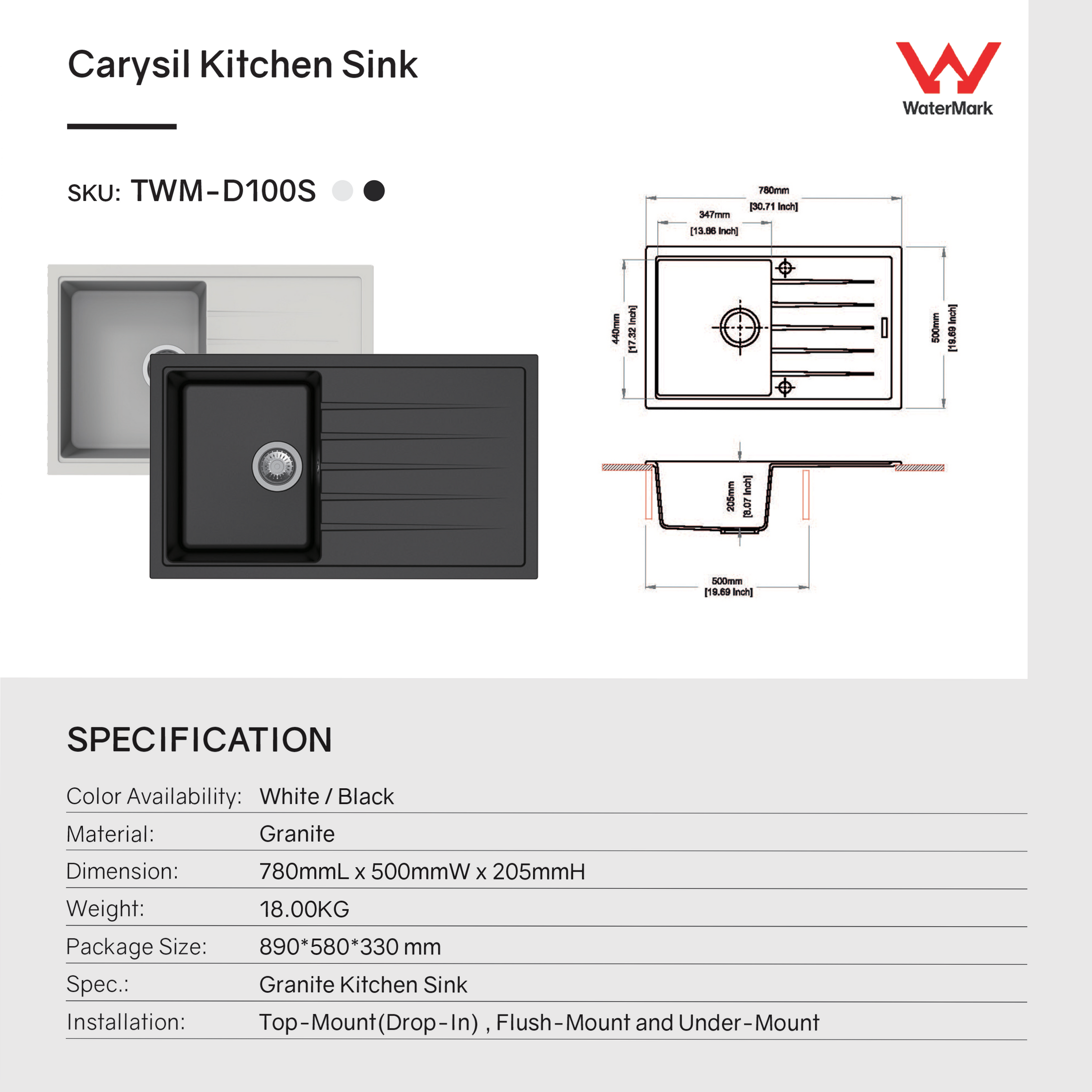 Carysil Granite Single Bowl Kitchen Sink with Drainboard Vivaldi D100S - Black