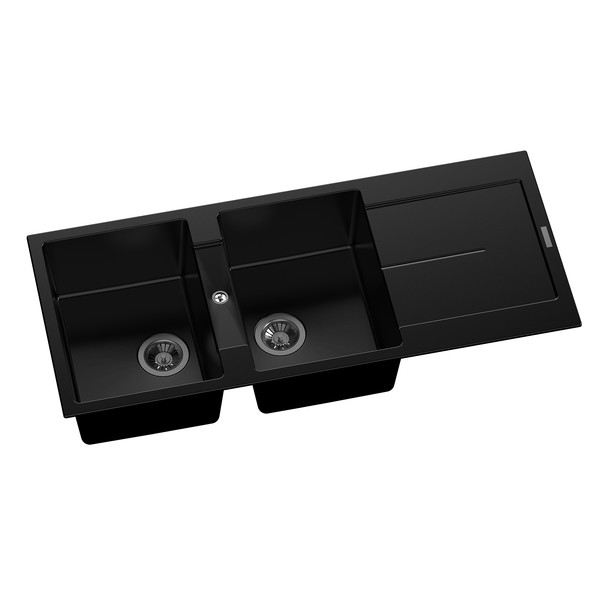 Carysil Granite Double Bowl Stone Kitchen Sink with Drain Board - Black - Enigma D200