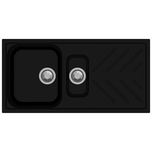 Carysil Granite 1 & 1/4 Double Bowl Stone Kitchen Sink with Drain Board - Black - Beethoven D150