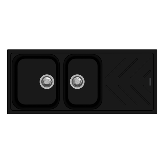 Carysil Granite 1 & 3/4 Double Bowl Stone Kitchen Sink with Drain Board - Black - Beethoven D200