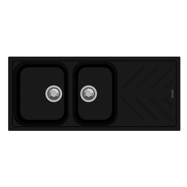 Carysil Granite 1 & 3/4 Double Bowl Stone Kitchen Sink with Drain Board - Black - Beethoven D200
