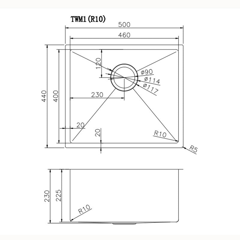 Stainless Steel Round Corner Handmade Single Bowl Kitchen Sink 500*440*230mm- Chrome Silver