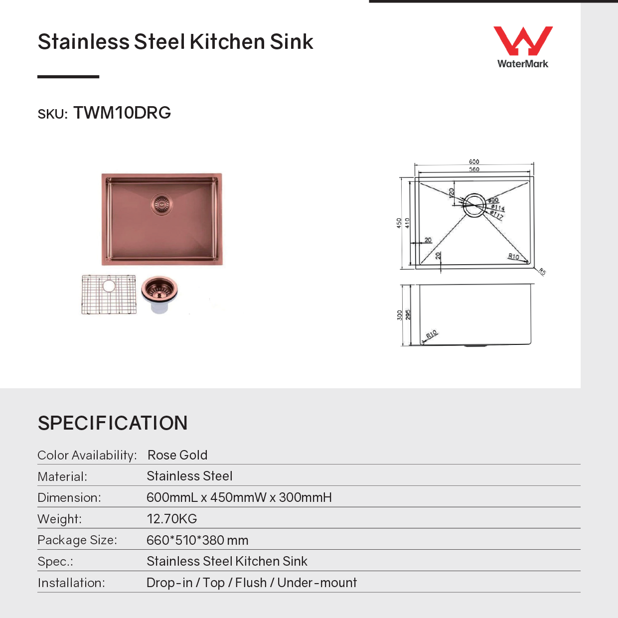 Stainless Steel PVD Single Bowl Kitchen Sink with Bottom Grid 600x450x300mm- Copper