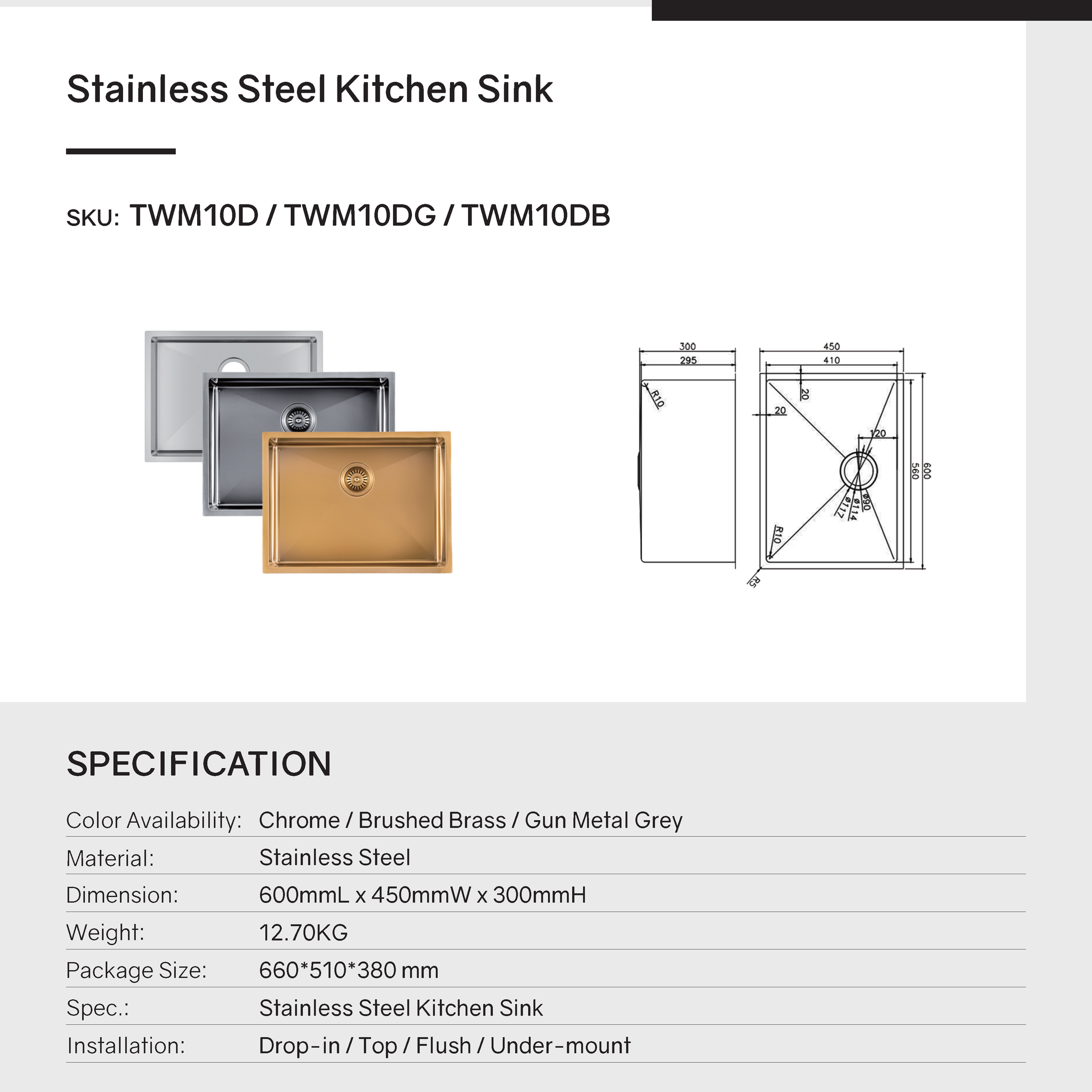 Stainless Steel Round Corner Handmade Single Bowl Kitchen Sink 600x450x300mm- Chrome Silver