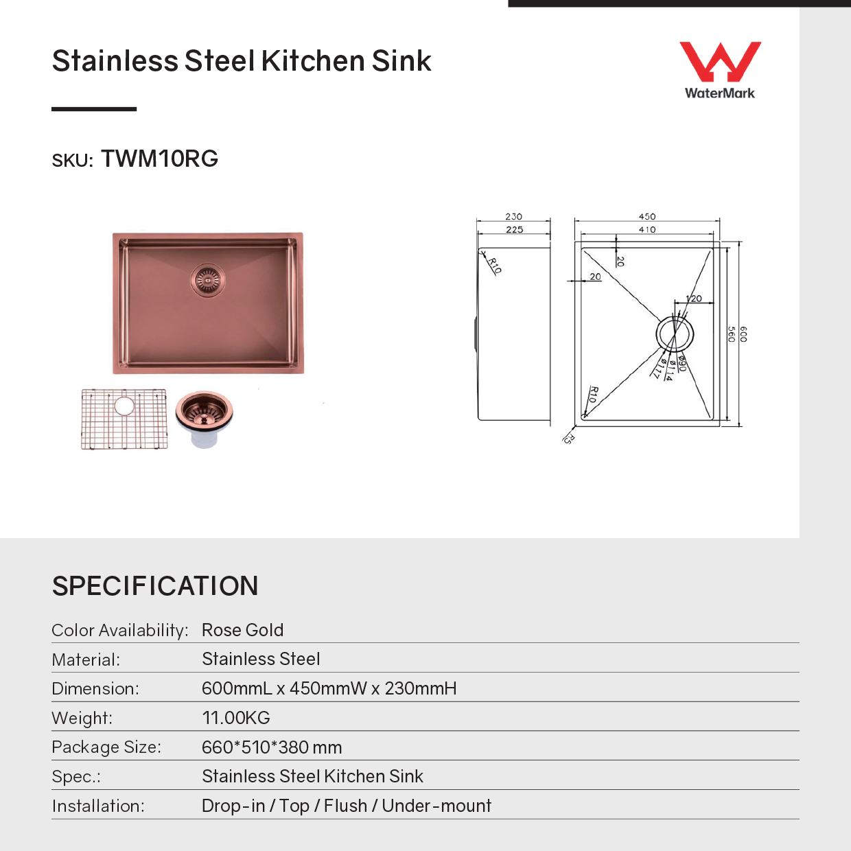 Stainless Steel PVD Coating Single Bowl Kitchen Sink with Bottom Grid 600x450x230mm - Copper
