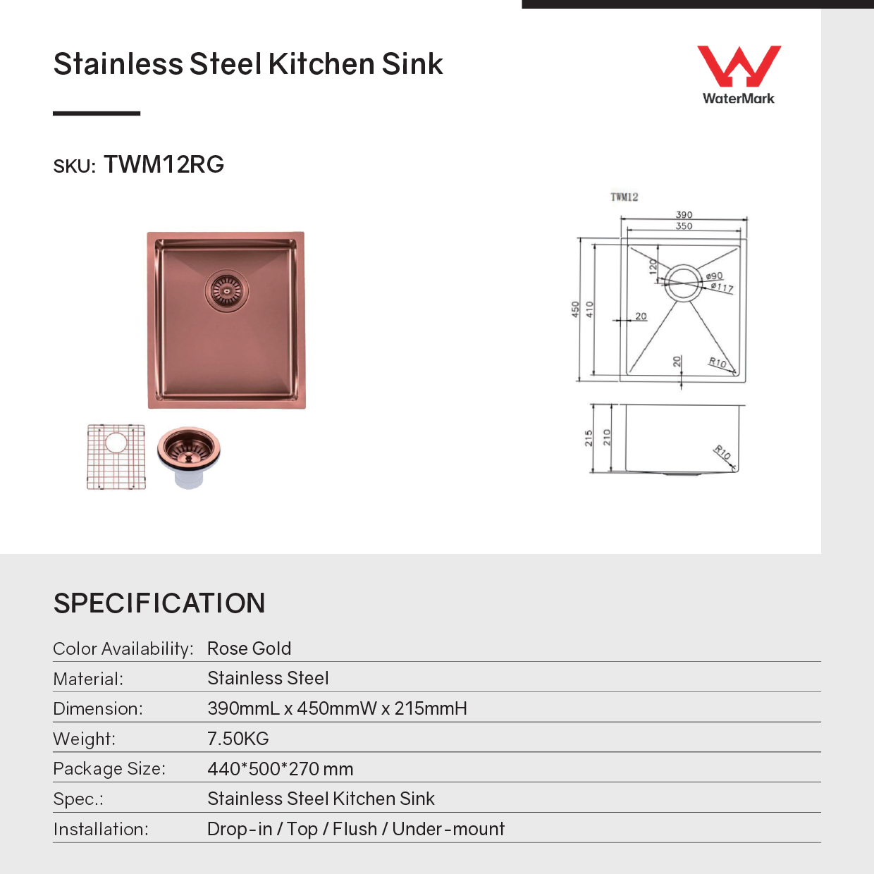 Stainless Steel PVD Coating Single Bowl Kitchen Sink with Bottom Grid 390x450x215mm - Copper