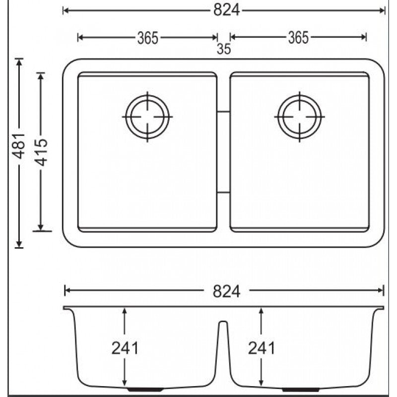 Carysil Granite Double Bowl Kitchen Sink 824x481x241mm - Concrete Grey